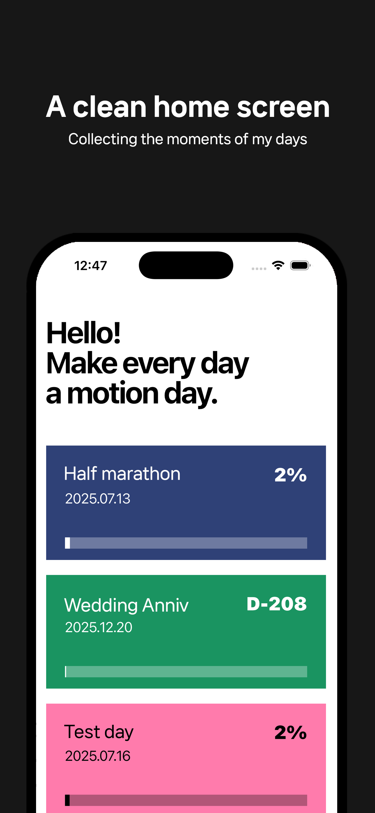 MotionDay add D-Day screen - date selection and settings